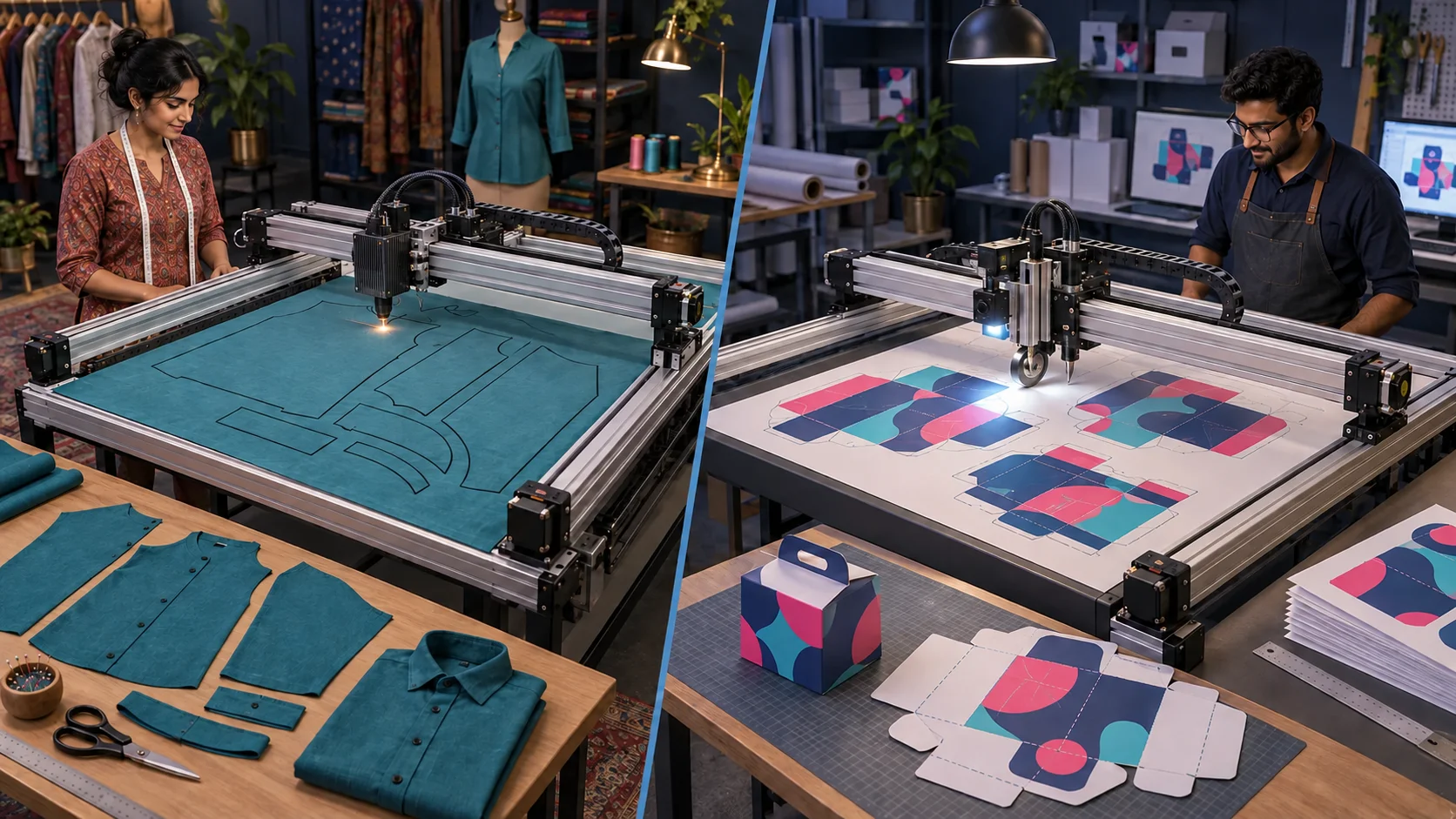 Concept illustration: a tailor laser-cuts garment patterns from fabric with a CNC gantry on the left; a print workshop scores fold lines and cuts printed packaging sheets on the right.