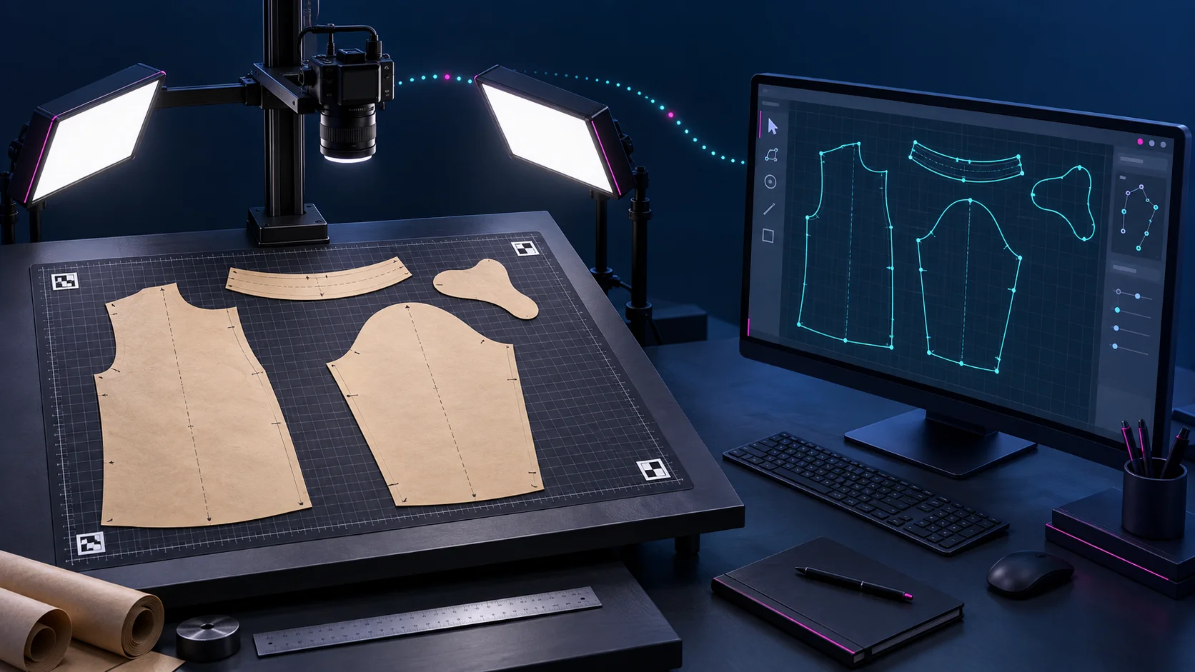 Concept illustration of an overhead camera and lighting capturing paper garment patterns and a template, with corresponding editable vector outlines on a computer screen