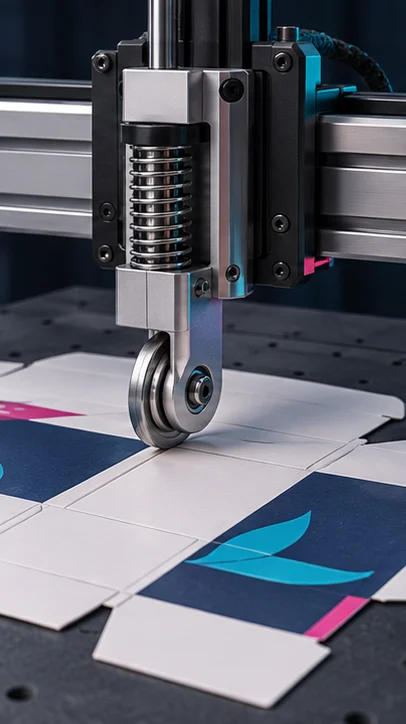 Concept illustration: Scoring wheel on a CNC carriage making a fold line in printed card