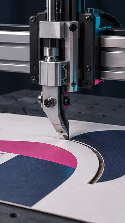 Concept illustration: Tangential knife on a CNC carriage cutting a curved printed card shape