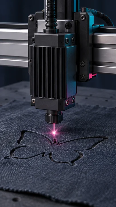 Concept illustration: Laser head on a CNC carriage cutting a shape from flat material