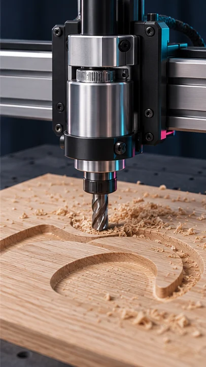 Concept illustration: Small router spindle milling a shallow shape in wood