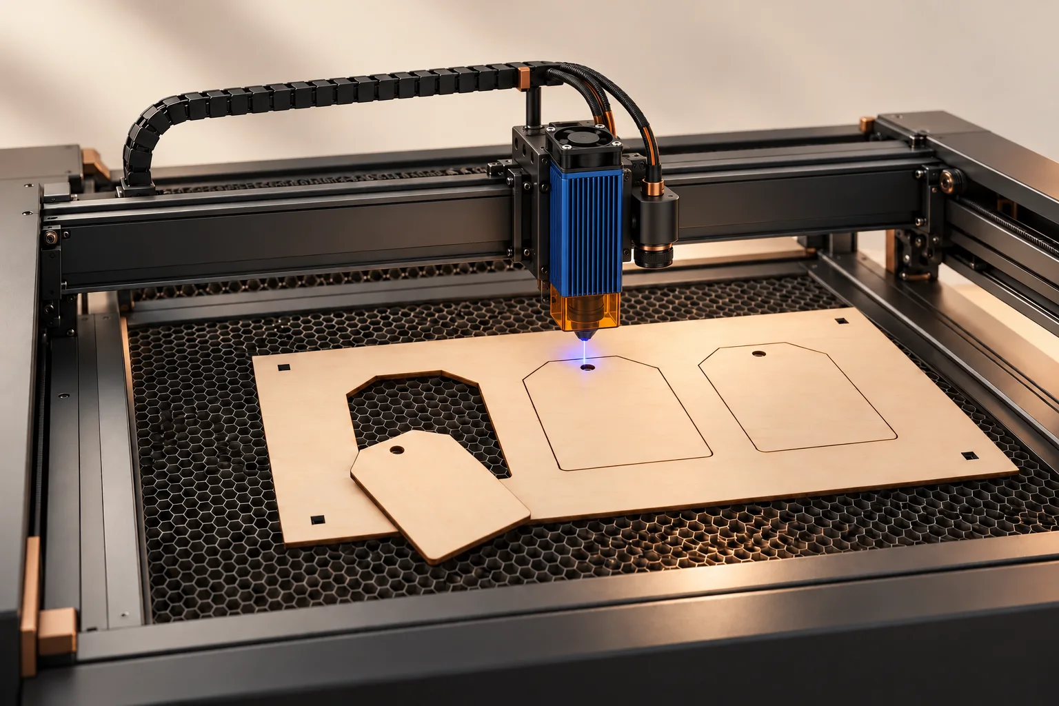 Concept illustration of a camera-guided CNC laser cutting plywood luggage tags, with a finished tag beside its cutout